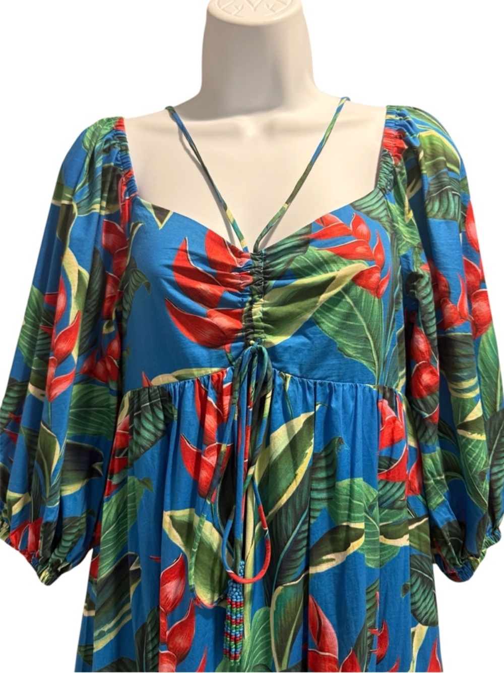 Farm Rio Dream Garden tropical floral puff sleeve tiered cotton Midi Dress XS - Picture 6 of 14